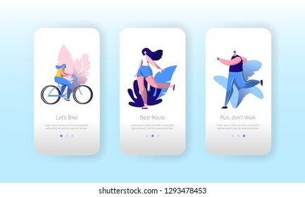 Urban City Sport Lifestyle Mobile Application Onboard Screen Set. Man Run, Happy Woman Ride Bike. Outdoor Fitness Exercise Concept for Website or Web Page. Vector Flat Cartoon Illustration