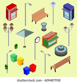 Urban City Street Isometric Vector Objects, Benches, Streetlight, Booth, Newsstand, Kiosk, Clock, Recycle Bins, Fountain. Vector Illustration