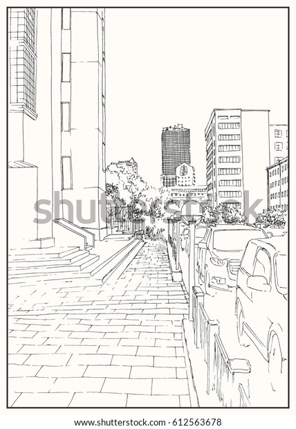 Urban city street scene.\
Black and white dashed style sketch, line art, drawing with pen and\
ink.\
