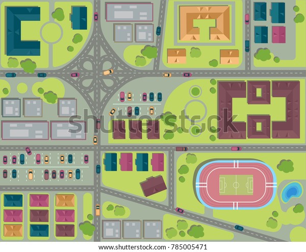Urban city top view. Streets, houses and\
buildings, roads, crossroads, park, parking and stadium. View from\
above Vector\
illustration