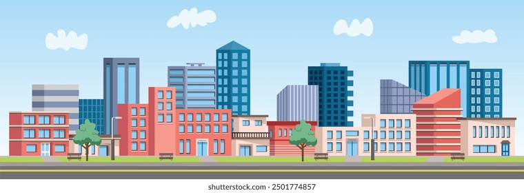 Urban city vector art. Urban cityscape vector stock. Apartment building landscape. School illustration. Urban city park building landscape.