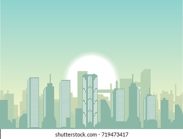Urban City Vector Illustration. Sun Rising Over  Cityscape
