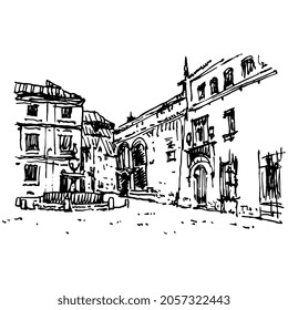 Urban city view. Plaza del Potro in Cordova or Córdoba, Spain.Hand drawn architectural ink sketch. Black and white silhouette.