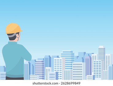 Urban cityscape and the back of a male worker