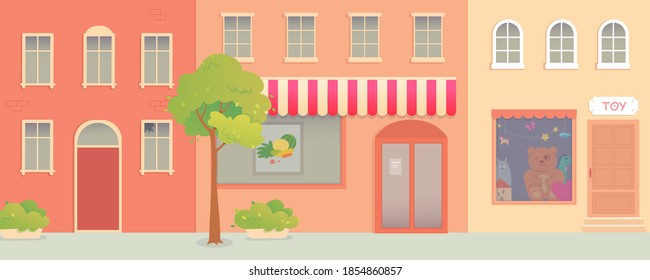 Urban cityscape background. Modern cartoon city view design vector illustration. Cozy windows and doors in buildings, toy store and groceries shop. Horizontal outdoor scene.