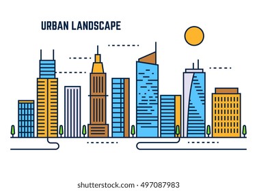 Urban cityscape flat line vector design. Building architecture downtown, skyscraper in business city illustration