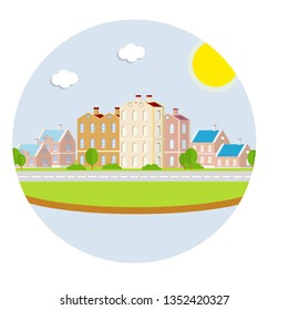 Urban cityscape with houses of different heights. Beautiful center of a small town with a road and trees. Summer day. sun in the blue sky. Cartoon flat illustration