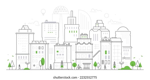 Urban cityscape - modern thin line design style vector illustration on white background. Composition with facade of city buildings, trees and people walking down the street. Daily life idea