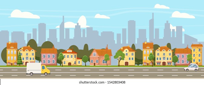 Urban cityscape old town historical buildings downtown background modern skyscrapers, road cars. Vector illustration , banner poster isolated