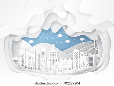 Urban cityscape on snow winter background.Paper art style of nature and environment conservation concept design.Vector illustration.