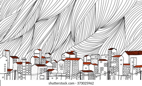 Urban cityscape outline hand draw, special red roof