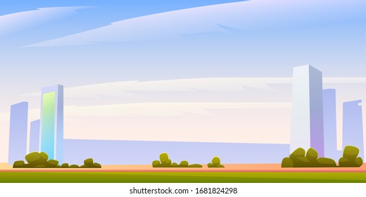 Urban cityscape panoramic banner vector cartoon illustration with buildings, city skyline with skyscraper and tower architecture, megapolis landscape, town scenic background with blue sky
