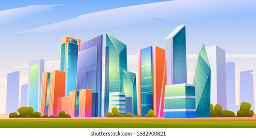 Urban cityscape panoramic banner vector cartoon illustration with buildings, city skyline with skyscraper and tower architecture, megapolis landscape, town scenic background with clouds