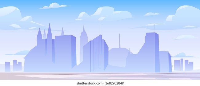 Pancarta panorámica de paisaje urbano ilustración vectorial con edificios silueta, horizonte urbano con rascacielos y arquitectura torre, paisaje megalópolis, fondo urbano con nubes