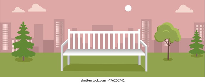 Urban cityscape with park, bench, trees, shrubs, orange sky and white clouds. Silhouettes of buildings. Office buildings, building scenery, urban landscape, urban background, city panorama