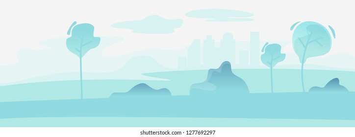 Urban Cityscape Park Landscape Background. Town Nature Tree Scene. City Outdoor Horizon Scenery Recreation. Spring Abstract Road Flat Cartoon Vector Illustration