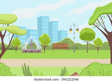 Urban cityscape park recreation, outdoor green garden relaxing place, peaceful rest city square flat vector illustration.