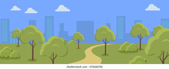 Urban cityscape with park, trees, shrubs, blue sky and white clouds. Silhouettes of buildings. Office buildings, building scenery, urban landscape, urban background, city panorama