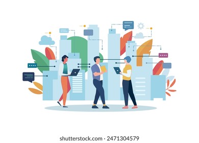 Urban cityscape with people and communication icons. Cloud system concept. data center. cloud communication concept. computing technology flat illustration.