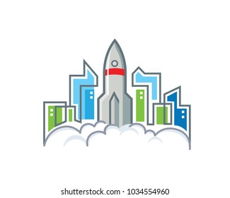 Urban Cityscape Rocket Launch Logo In Isolated White Background