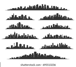 Siluetas de paisajes urbanos ilustraciones vectoriales. El horizonte de la ciudad nocturna o los edificios negros de la ciudad aislados sobre fondo blanco