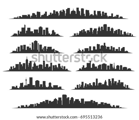 Urban cityscape silhouettes vector illustration. Night town skyline or black city buildings isolated on white background