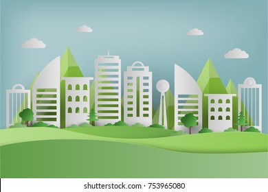 Urban cityscape and skyscraper with green tree and park background. Modern city skyline building ecology concept. vector illustration.