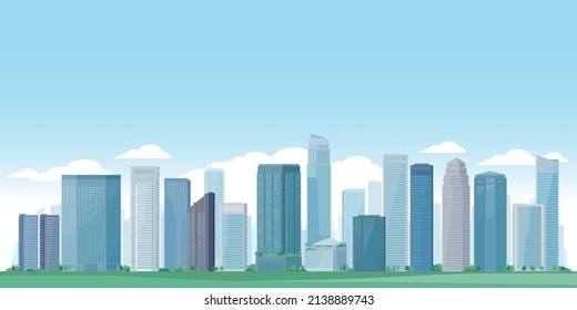 Paisaje urbano con soleado fondo azul del cielo. Ilustración vectorial del paisaje verde de la ciudad con modernos rascacielos y edificios en el centro.