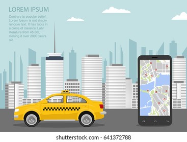 Urban cityscape with taxi cab, smartphone and taxi service application. Vector illustration in flat style