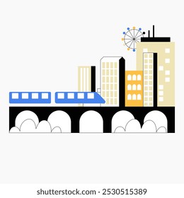 Paisagem urbana da cidade com trem em uma ponte e roda gigante na ilustração vetorial plana simbolizando a vida moderna da cidade, transporte e lazer, isolado no fundo branco.