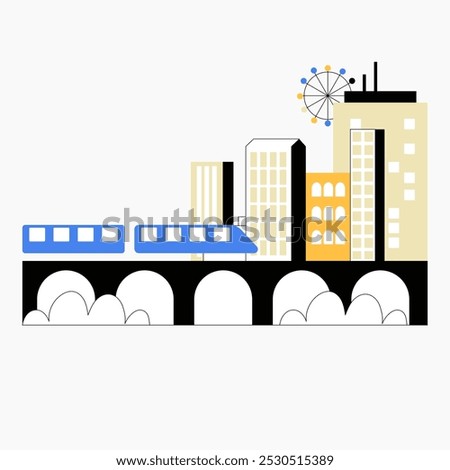 Urban cityscape with train on a bridge and ferris wheel in flat vector illustration symbolizing modern city life, transportation, and leisure, isolated on white background.