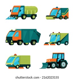 Urban cleaning cars. city harvesting machines trucks with garbage containers tractors. Vector cartoon vehicles