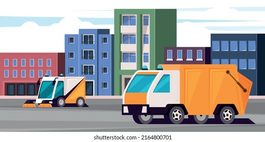 urban cleaning. city background with harvesting machines. Vector urban landscape with cityscape and houses