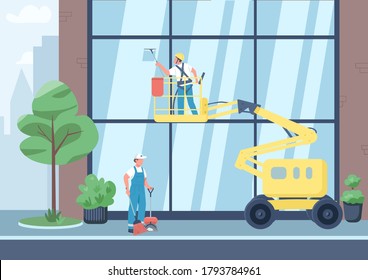 Urban Cleaning Flat Color Vector Illustration. Cleaners Team 2D Cartoon Characters With City On Background. Commercial Janitorial Service. Building Windows Cleaning And Street Sweeping