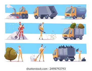 Urban cleaning. Vehicles for cleaning streets from garbage exact vector city cleaning transport