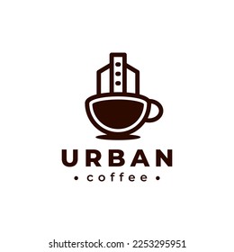 Urban coffee logo line modern and minimal design. Tea cup and building concept vector illustration