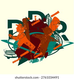 Urban collage design inspired by retro socialist and East European graphic styles, featuring bold typography, distressed textures, and layered abstract elements. Vintage influences such as classic cars and industrial architecture create a strong nostalgic aesthetic. This non-seamless composition is ideal for posters, apparel prints, branding, and modern graphic design projects with a vintage propaganda-inspired look.
