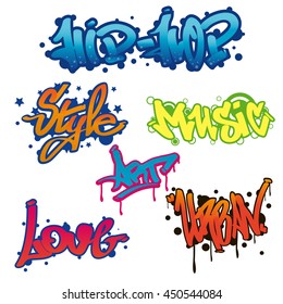 Urban collection of Graffiti art. Street style words: hip-hop, style, music, love, art. Wall painting. Vector Illustration