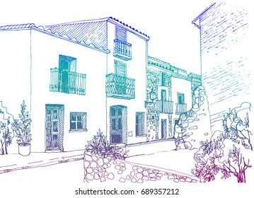 Urban color sketch with landscape of the old European city. Old street in hand drawn style on white background