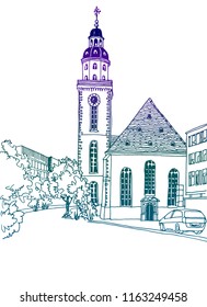 Urban colorful line sketch with landscape of the old European city.  Germany. Frankfurt am Main. Old square in front of the church in hand drawn style on white background