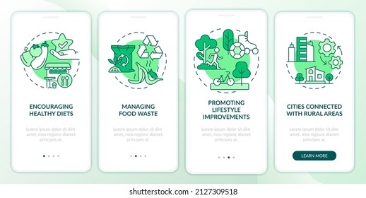 Urban comfort ideas green onboarding mobile app screen. Life quality walkthrough 4 steps graphic instructions pages with linear concepts. UI, UX, GUI template. Myriad Pro-Bold, Regular fonts used