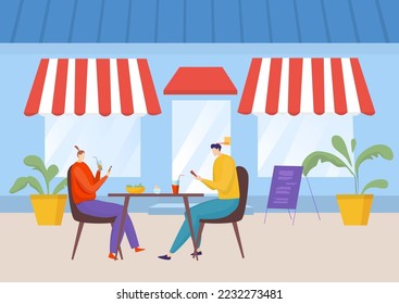 Urban comfortable street cafe, romantic pair character woman and man drink coffee, breakfast time flat vector illustration.