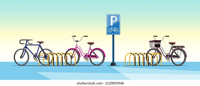 In the urban community, the municipality has arranged a parking area for bicycles to serve people who ride bicycles to park for public transport. Flat vector illustration design