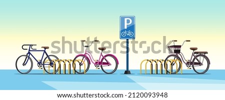 In the urban community, the municipality has arranged a parking area for bicycles to serve people who ride bicycles to park for public transport. Flat vector illustration design