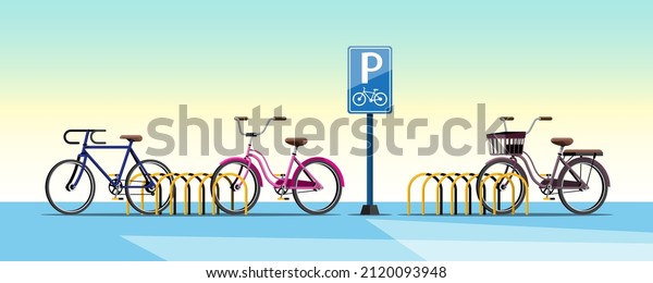 In the urban\
community, the municipality has arranged a parking area for\
bicycles to serve people who ride bicycles to park for public\
transport. Flat vector illustration\
design