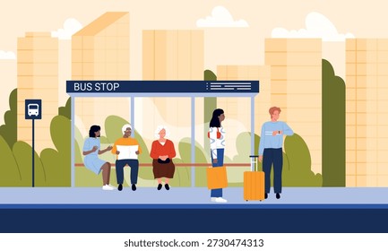 Viajeros Urbanas de diferentes edades esperan en fila en una parada de autobús de la ciudad con equipaje y maletas, rodeados de edificios y vegetación, concepto de transporte público Ilustración vectorial