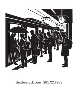 Urban commuters waiting for train on subway station platform, diverse group of people, some holding umbrellas, others using smartphones, city transportation scene, daily routine, bustling city life, metro station.
