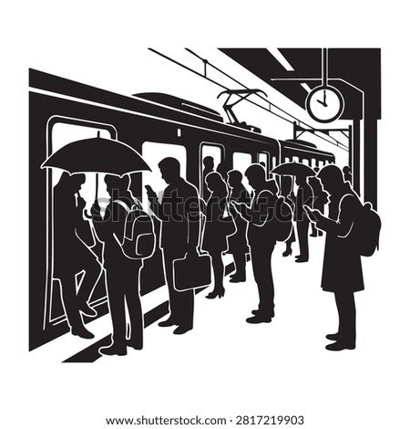 Urban commuters waiting for train on subway station platform, diverse group of people, some holding umbrellas, others using smartphones, city transportation scene, daily routine, bustling city life, metro station.