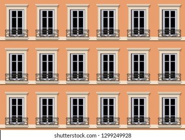 Urban concept, with a facade of a Parisian style building, infinitely repeating the identical windows of the apartments