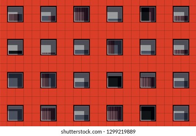 Urban concept, with a red facade of a business building, infinitely repeating the identical windows of the offices